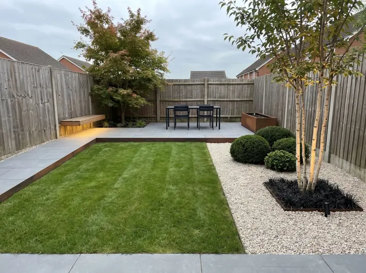Backyard lawn redesigned by the studio in the Modern style