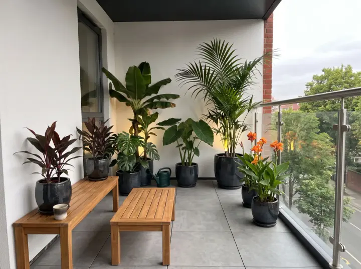 Empty balcony redesigned by the studio in the Tropical style