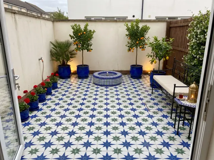 Bare patio redesigned by the studio in the Moroccan Courtyard style