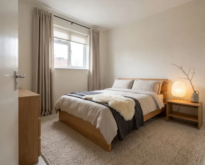 A bedroom redesigned by the studio in Japandi