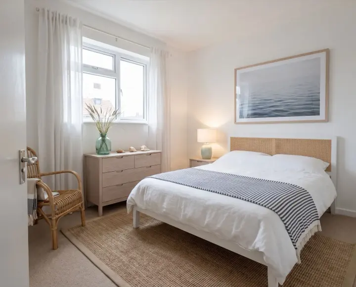 A bedroom redesigned by the studio in Coastal